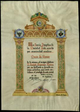 Nombramiento de Jacinto Guerrero como socio de honor de la Sociedad Arte de Toledo