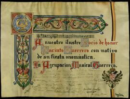 Felicitación de cumpleaños de la Agrupación Musical Guerrero a Jacinto Guerrero