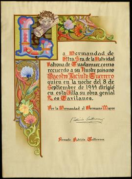 Reconocimiento a Jacinto Guerrero de la Hermandad de Nuestras Señoras de la Natividad